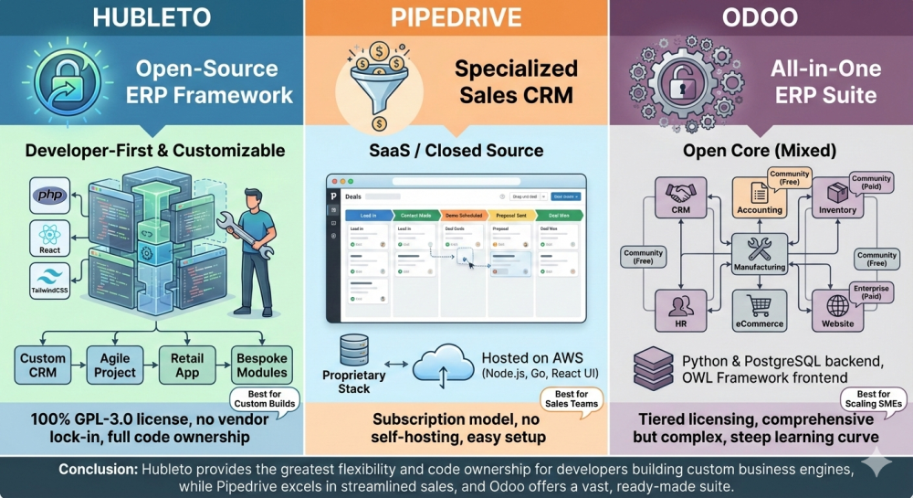 Comparing ERP for 2026: Hubleto vs. Pipedrive vs. Odoo